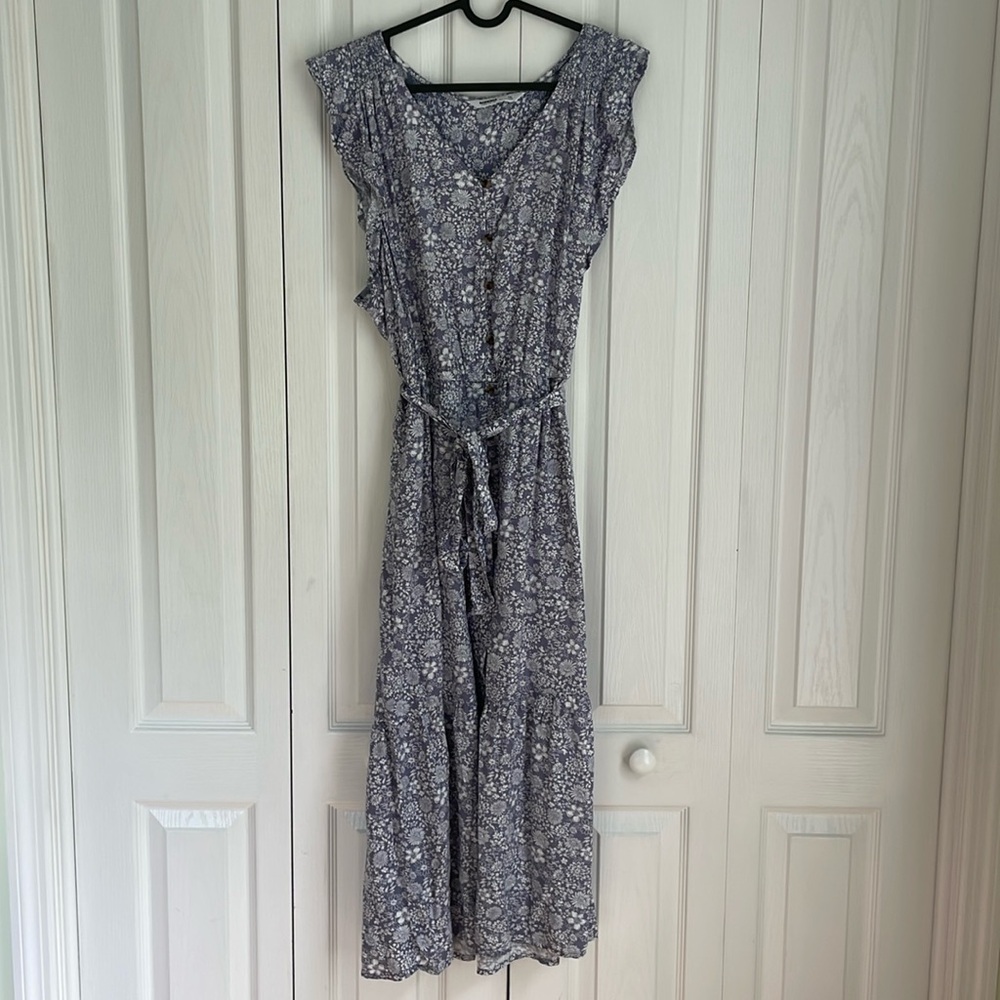 Sonoma Blue and White Floral Flutter Sleeve Maxi Length Dress  Size XXL